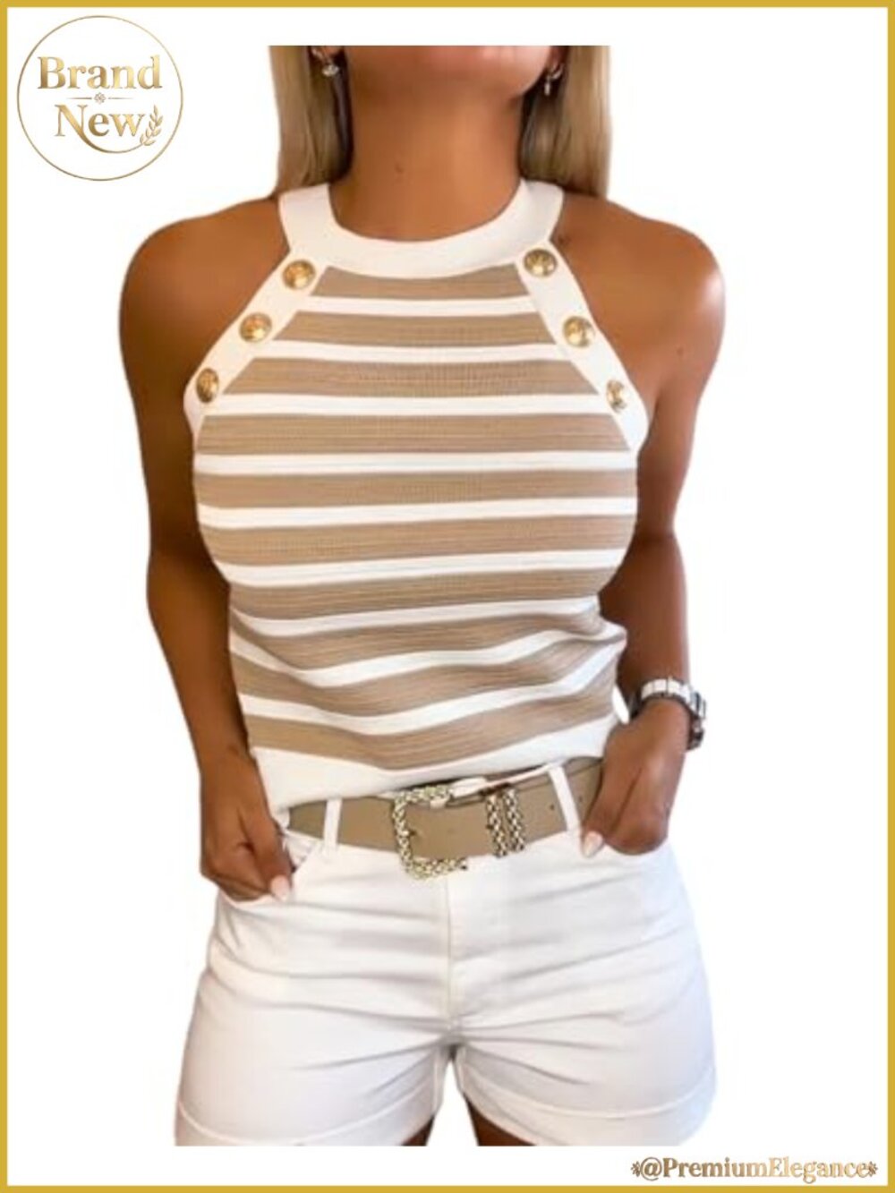 Women's Knit Halter Tank Top Striped Sleeveless Summer Chic Gold Button